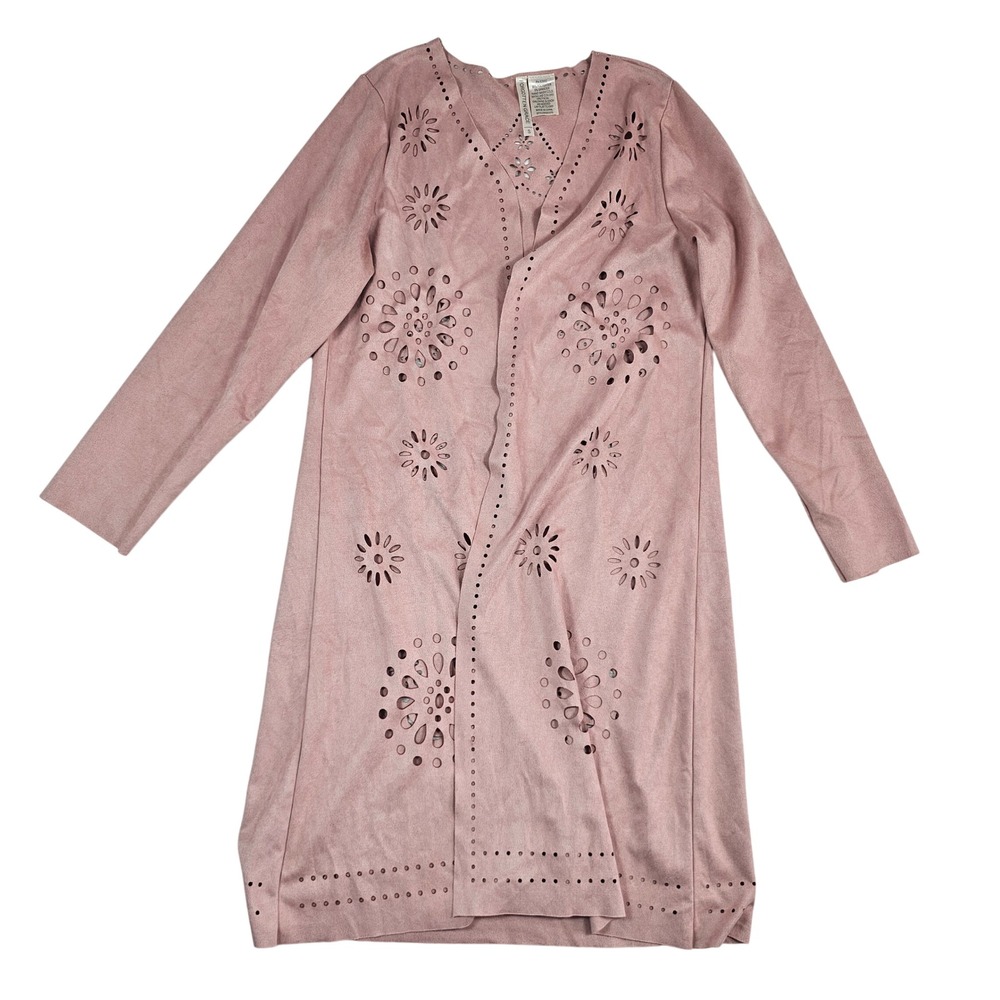 Forgotten Grace Faux Suede Laser Cut Eyelet Longline Cardigan Jacket Pink‎ Small